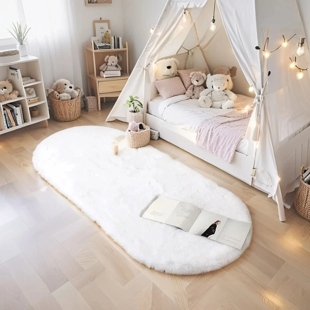 Kids Outdoor Floor Cushions - Oval Faux Rabbit Fur Rug Ultra